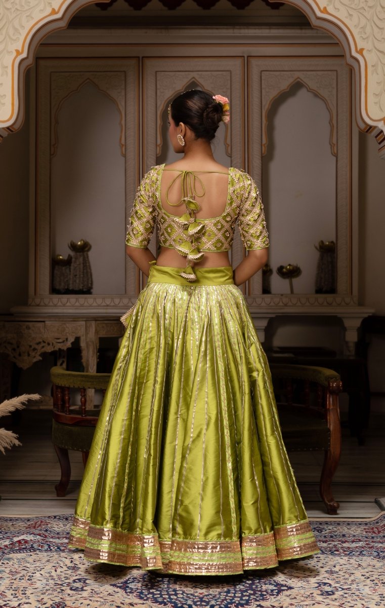 GULABI GALIYAN MEERA GULAAL GREEN GOTA PATTI TAFFETS SILK LEHENGA SET WITH SOFT NET DUPATTA - Pomcha Jaipur