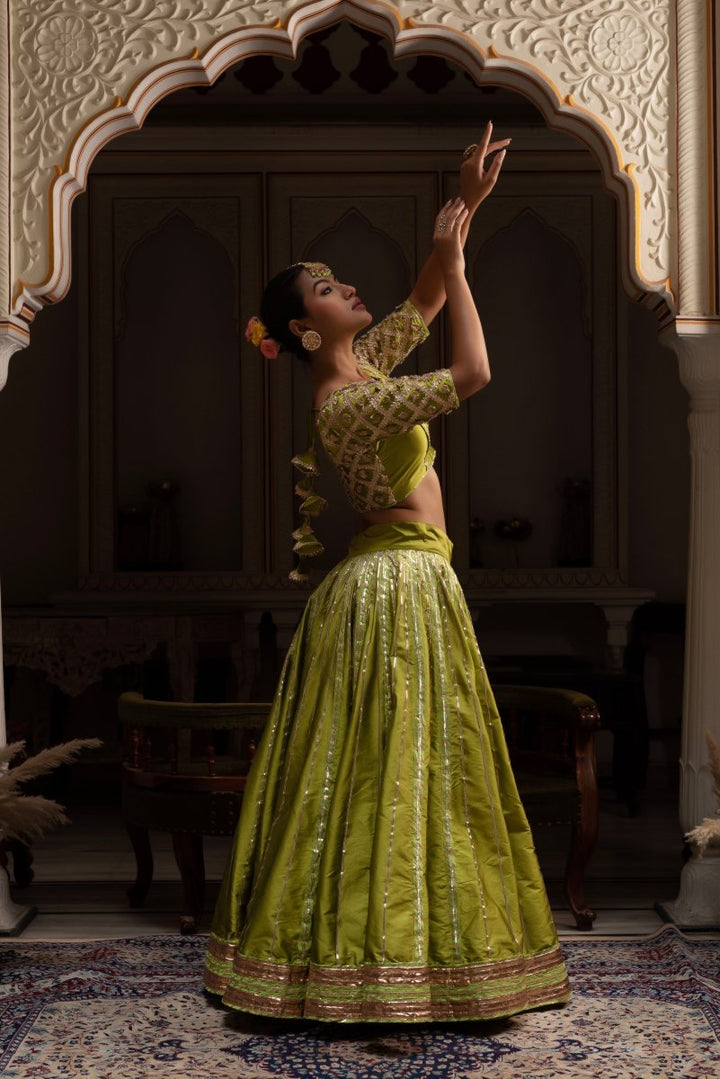 GULABI GALIYAN MEERA GULAAL GREEN GOTA PATTI TAFFETS SILK LEHENGA SET WITH SOFT NET DUPATTA - Pomcha Jaipur