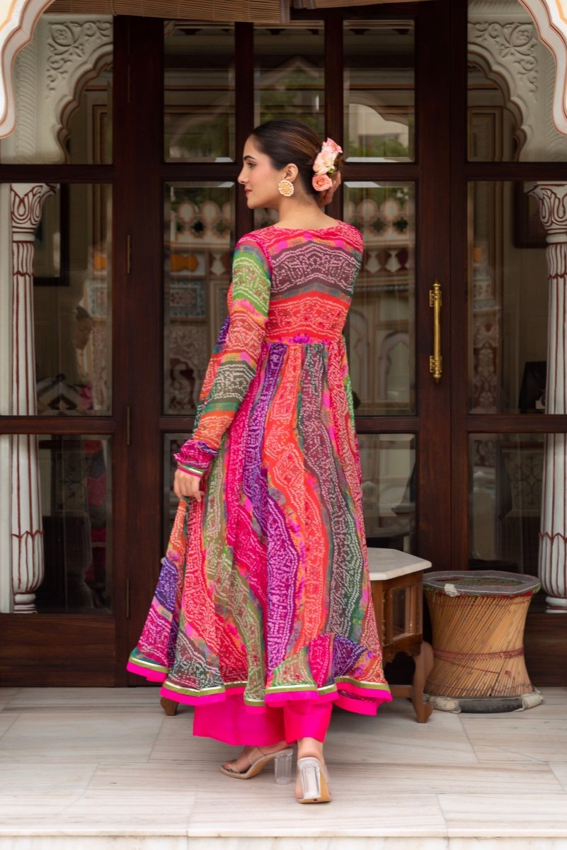 GULABI GALIYAN MULTICOLOR BANDHEJ ANARKALI WITH COTTON SILK JACKET AND GEORGETTE DUPATTA - Pomcha Jaipur