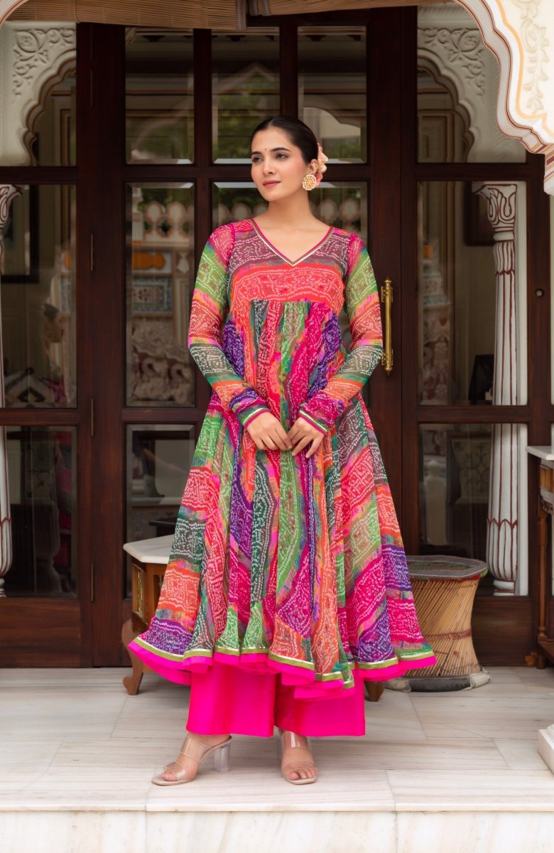 GULABI GALIYAN MULTICOLOR BANDHEJ ANARKALI WITH COTTON SILK JACKET AND GEORGETTE DUPATTA - Pomcha Jaipur
