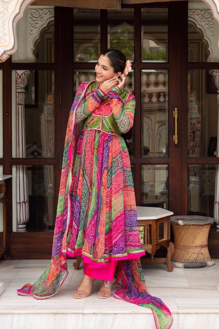 GULABI GALIYAN MULTICOLOR BANDHEJ ANARKALI WITH COTTON SILK JACKET AND GEORGETTE DUPATTA - Pomcha Jaipur