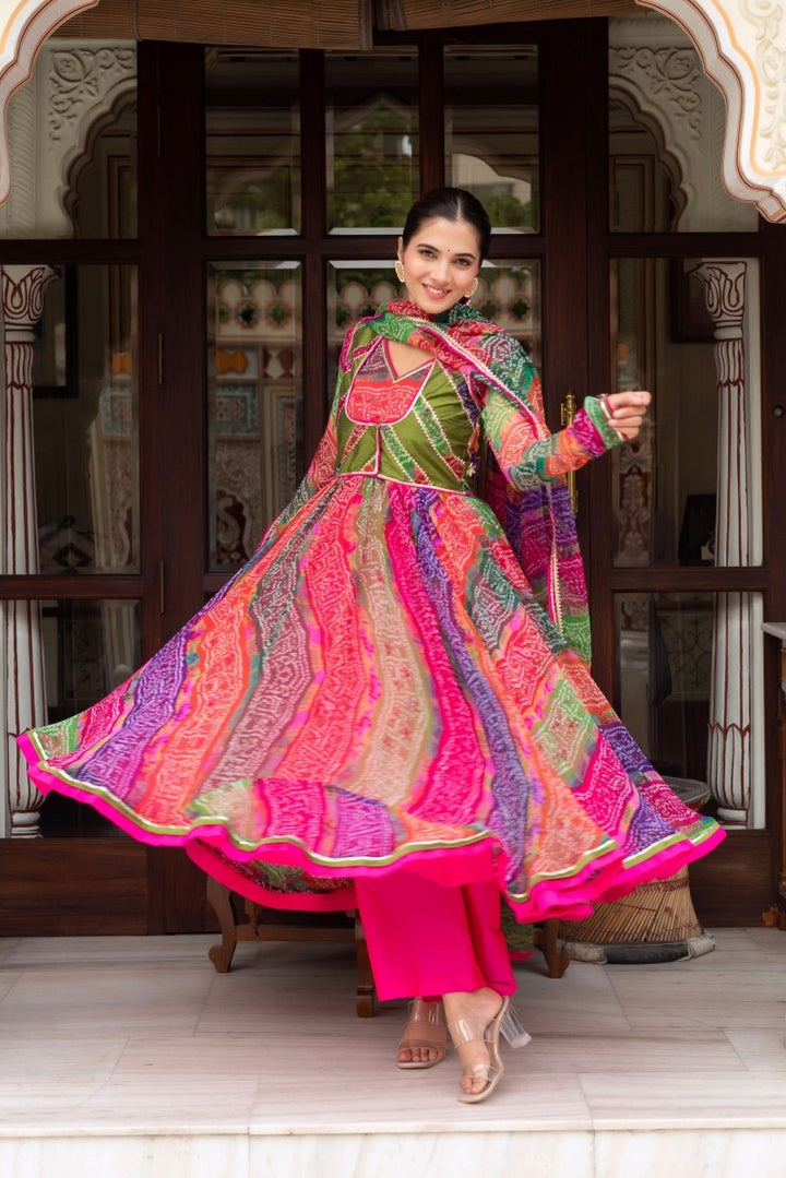 GULABI GALIYAN MULTICOLOR BANDHEJ ANARKALI WITH COTTON SILK JACKET AND GEORGETTE DUPATTA - Pomcha Jaipur