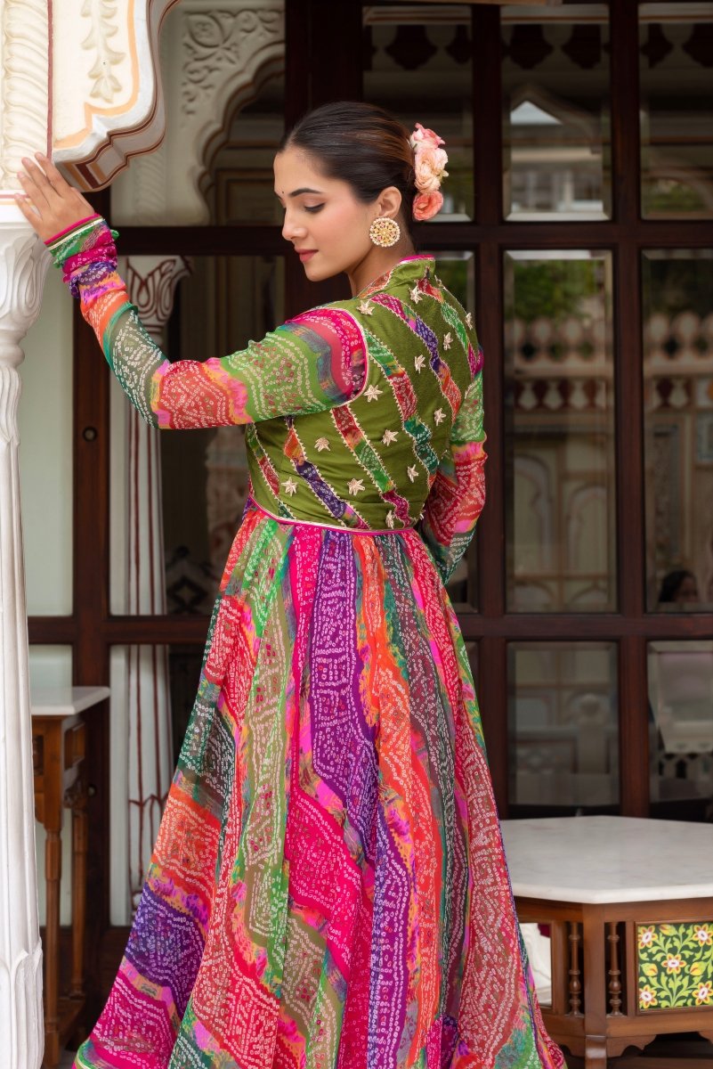 GULABI GALIYAN MULTICOLOR BANDHEJ ANARKALI WITH COTTON SILK JACKET AND GEORGETTE DUPATTA - Pomcha Jaipur