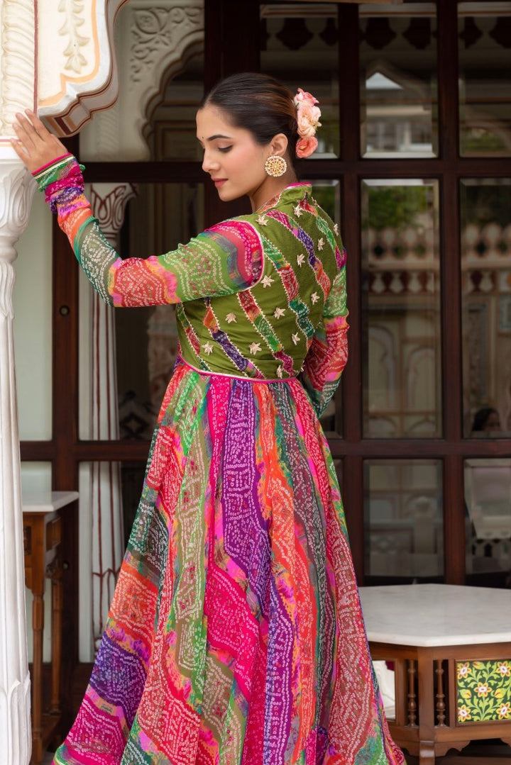 GULABI GALIYAN MULTICOLOR BANDHEJ ANARKALI WITH COTTON SILK JACKET AND GEORGETTE DUPATTA - Pomcha Jaipur