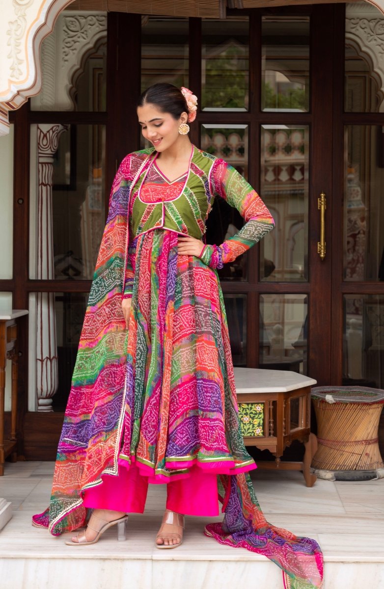 GULABI GALIYAN MULTICOLOR BANDHEJ ANARKALI WITH COTTON SILK JACKET AND GEORGETTE DUPATTA - Pomcha Jaipur