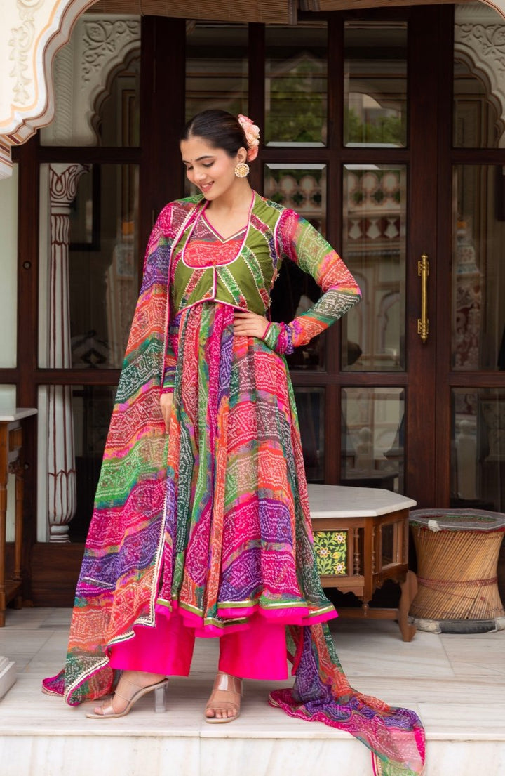 GULABI GALIYAN MULTICOLOR BANDHEJ ANARKALI WITH COTTON SILK JACKET AND GEORGETTE DUPATTA - Pomcha Jaipur