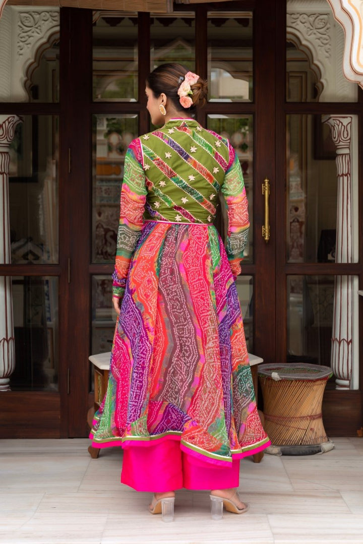 GULABI GALIYAN MULTICOLOR BANDHEJ ANARKALI WITH COTTON SILK JACKET AND GEORGETTE DUPATTA - Pomcha Jaipur
