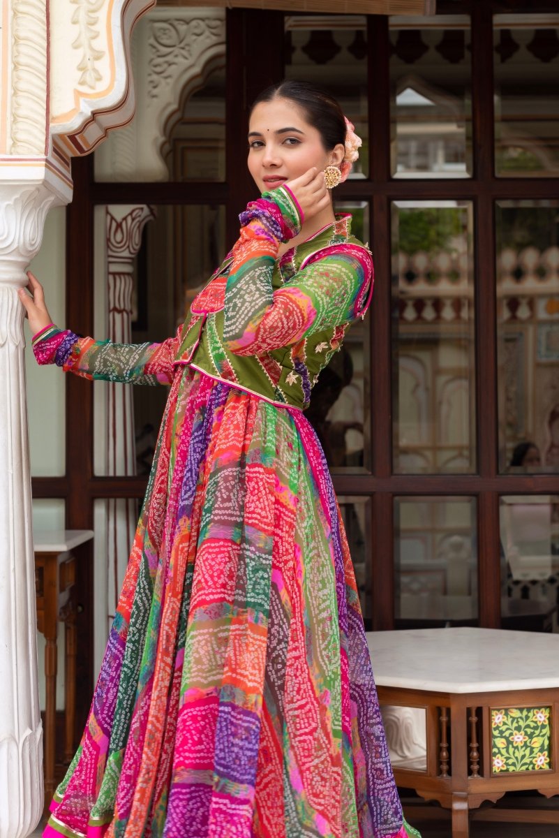 GULABI GALIYAN MULTICOLOR BANDHEJ ANARKALI WITH COTTON SILK JACKET AND GEORGETTE DUPATTA - Pomcha Jaipur