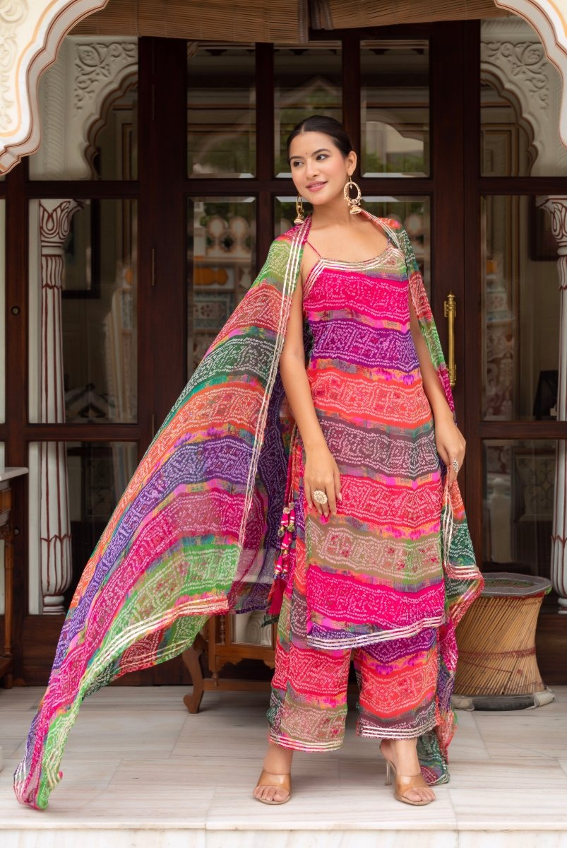GULABI GALIYAN MULTICOLOR GEORGETTE BANDHEJ GOTA PATTI SUIT SET WITH GEORGETTE DUPATTA - Pomcha Jaipur