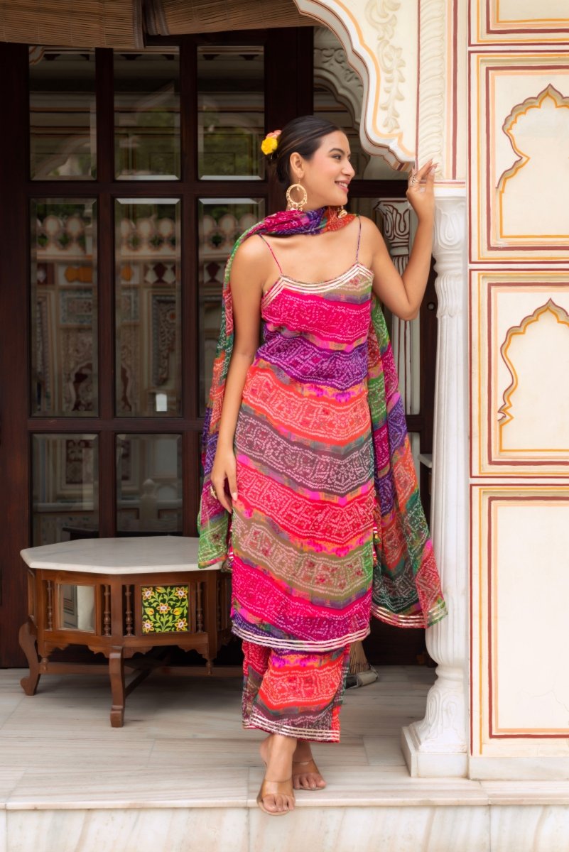GULABI GALIYAN MULTICOLOR GEORGETTE BANDHEJ GOTA PATTI SUIT SET WITH GEORGETTE DUPATTA - Pomcha Jaipur