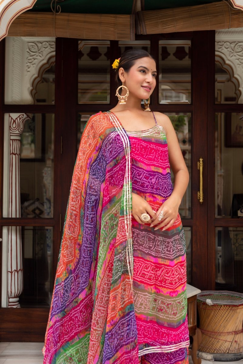 GULABI GALIYAN MULTICOLOR GEORGETTE BANDHEJ GOTA PATTI SUIT SET WITH GEORGETTE DUPATTA - Pomcha Jaipur