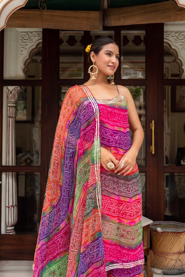 GULABI GALIYAN MULTICOLOR GEORGETTE BANDHEJ GOTA PATTI SUIT SET WITH GEORGETTE DUPATTA - Pomcha Jaipur