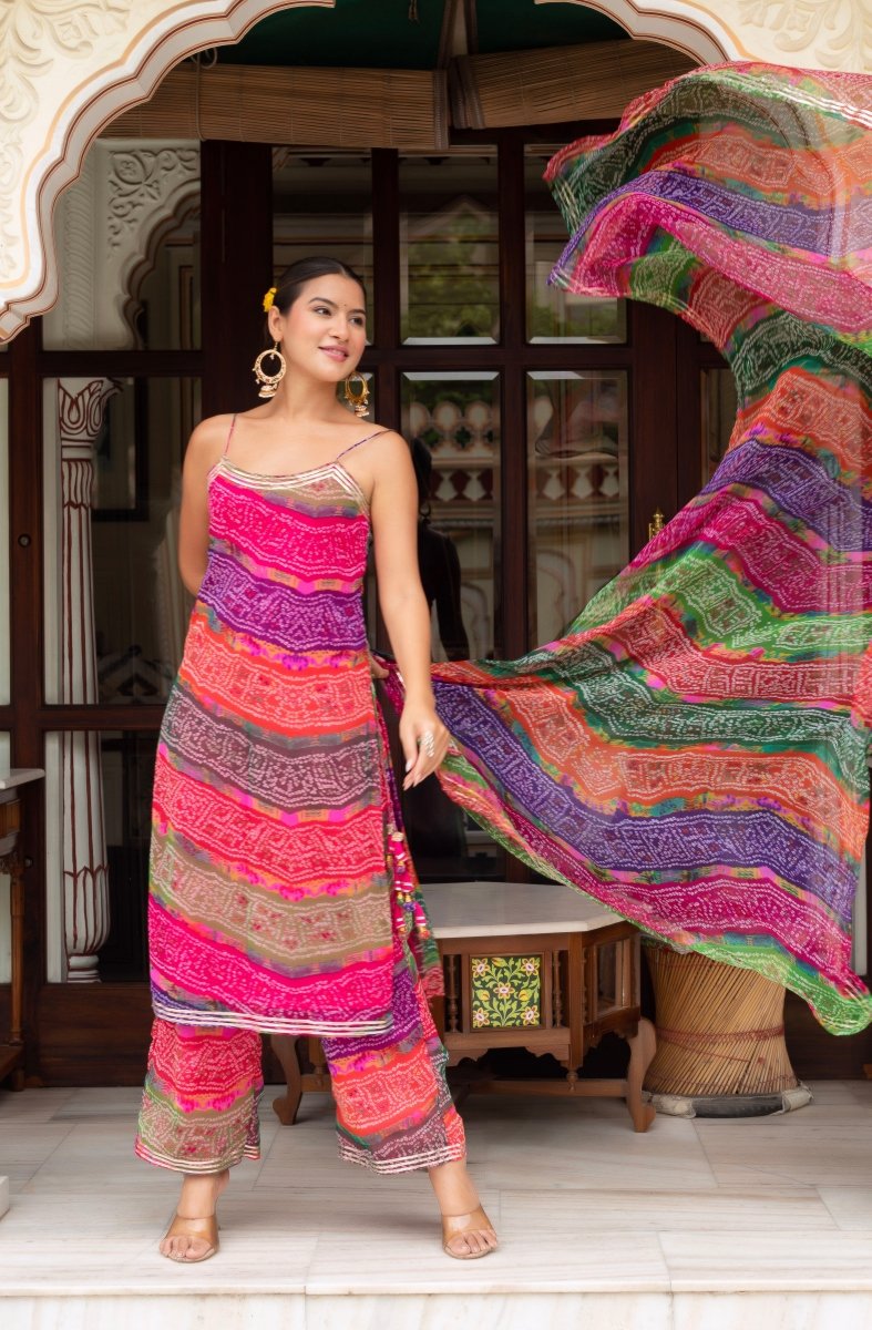 GULABI GALIYAN MULTICOLOR GEORGETTE BANDHEJ GOTA PATTI SUIT SET WITH GEORGETTE DUPATTA - Pomcha Jaipur