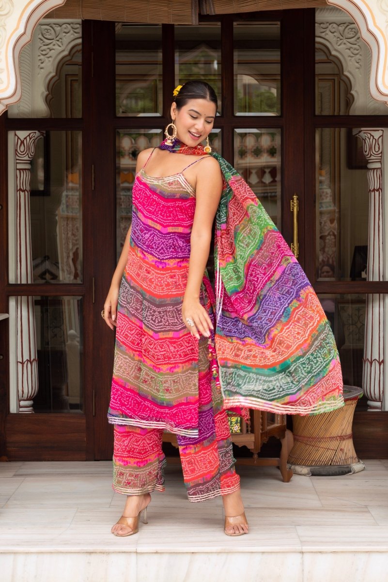 GULABI GALIYAN MULTICOLOR GEORGETTE BANDHEJ GOTA PATTI SUIT SET WITH GEORGETTE DUPATTA - Pomcha Jaipur