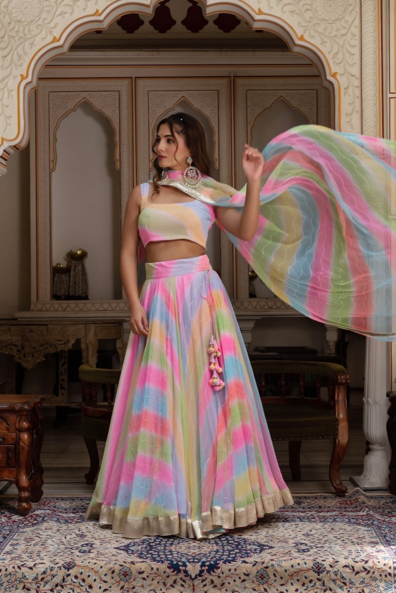 GULABI GALIYAN MULTICOLOR LEHERIYA GEORGETTE GOTA PATTI LEHENGA SET - Pomcha Jaipur