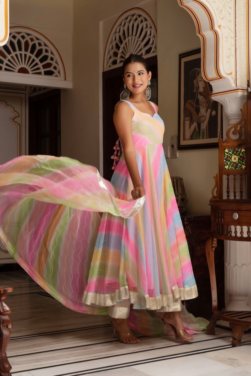 GULABI GALIYAN MULTICOLOR LEHERIYA GOTA PATTI GEORGETTE ANARKALI SET WITH GEORGETTE DUPATTA - Pomcha Jaipur