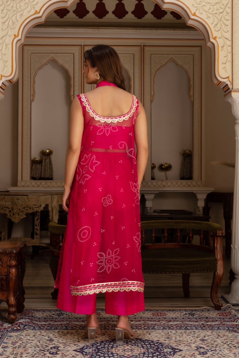 GULABI GALIYAN PINK BANDHEJ GEORGETTE KURTA WITH PINK TAFFETA PANT AND BLOUSE - Pomcha Jaipur