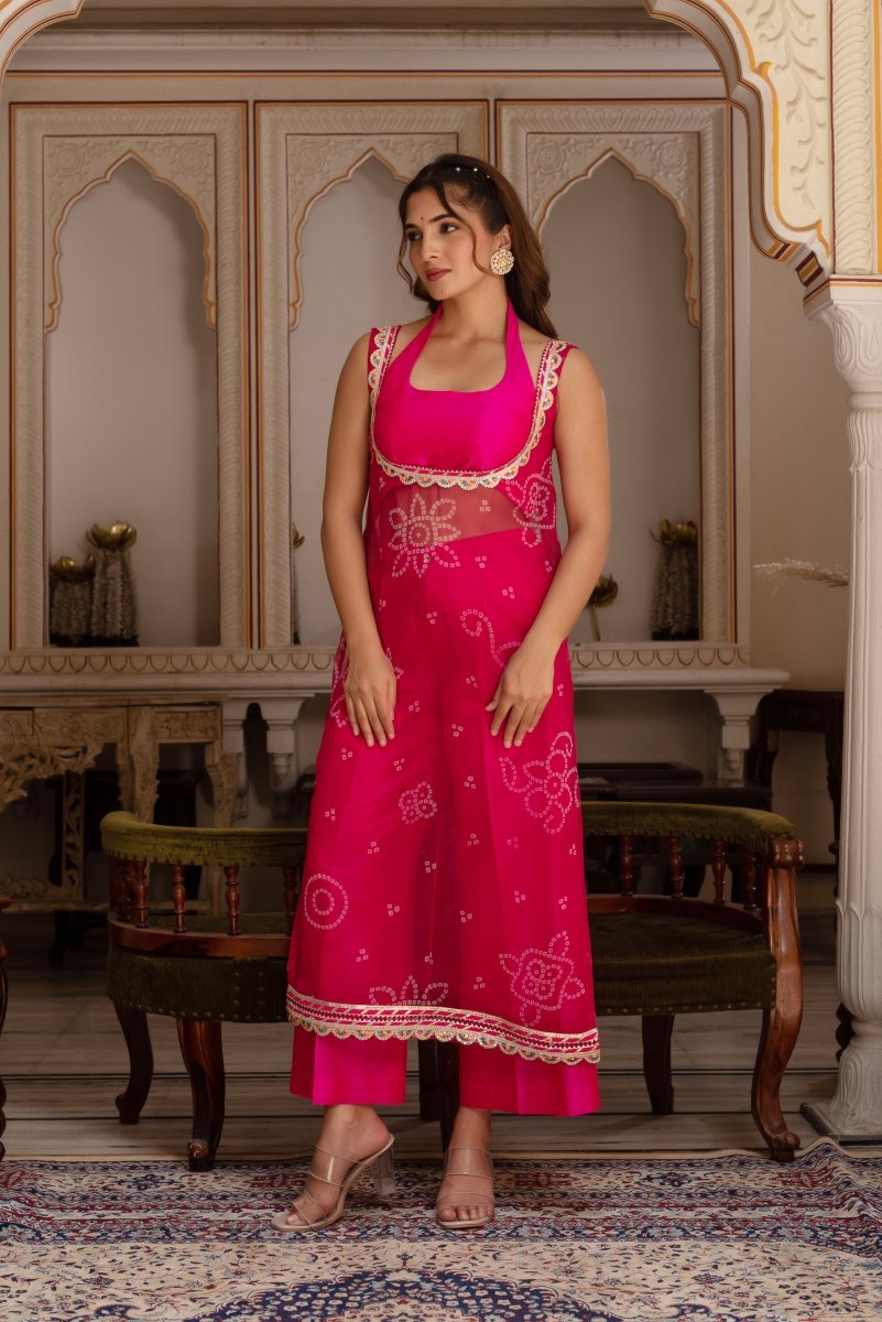 GULABI GALIYAN PINK BANDHEJ GEORGETTE KURTA WITH PINK TAFFETA PANT AND BLOUSE - Pomcha Jaipur