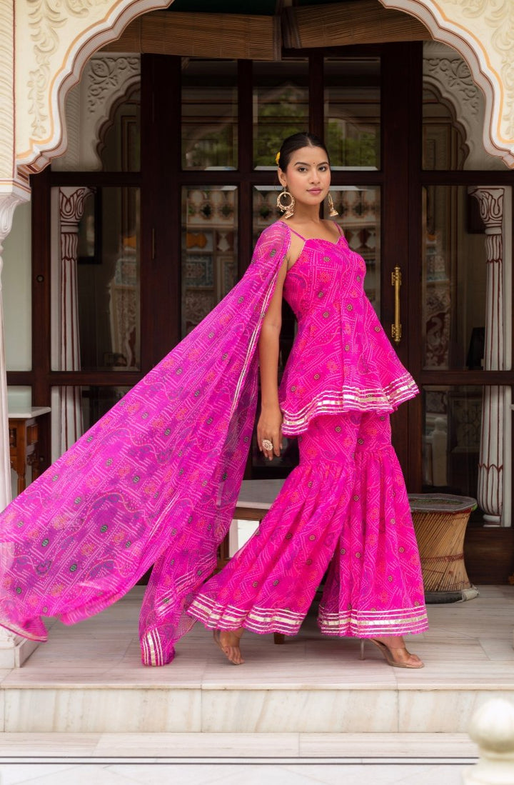 GULABI GALIYAN PINK BANDHEJ GEORGETTE SHARARA SET WITH GORGETTE DUPATTA - Pomcha Jaipur