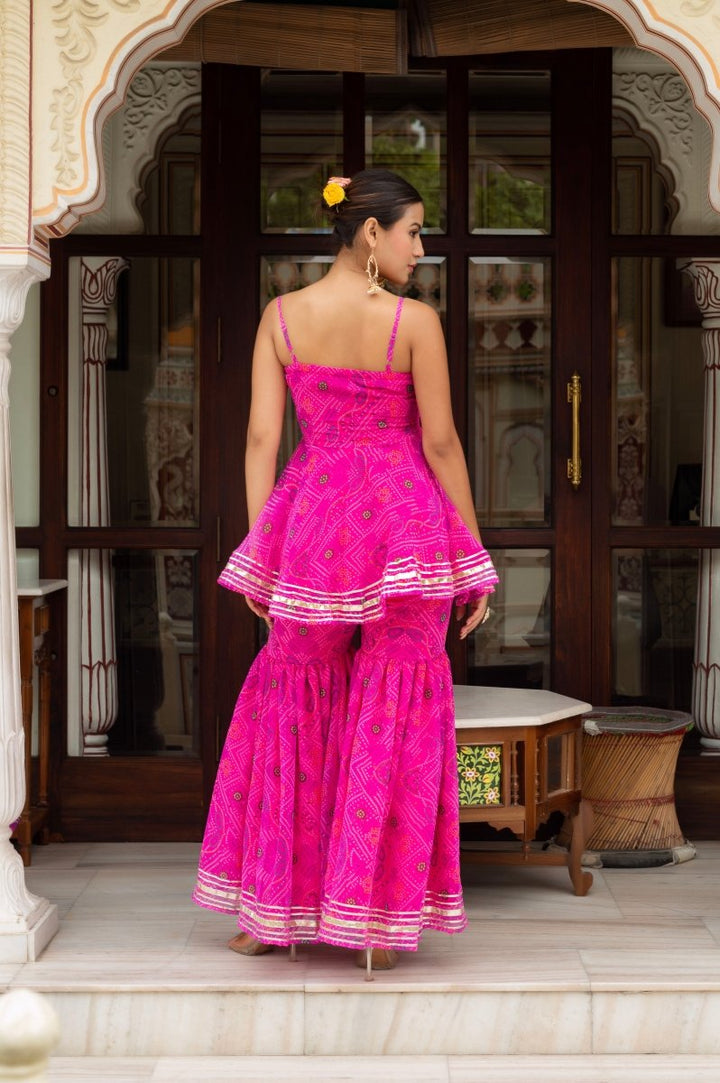 GULABI GALIYAN PINK BANDHEJ GEORGETTE SHARARA SET WITH GORGETTE DUPATTA - Pomcha Jaipur