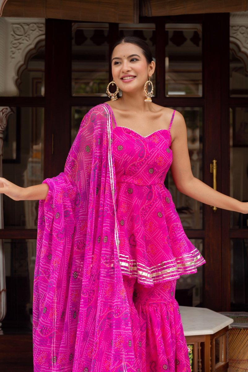 GULABI GALIYAN PINK BANDHEJ GEORGETTE SHARARA SET WITH GORGETTE DUPATTA - Pomcha Jaipur