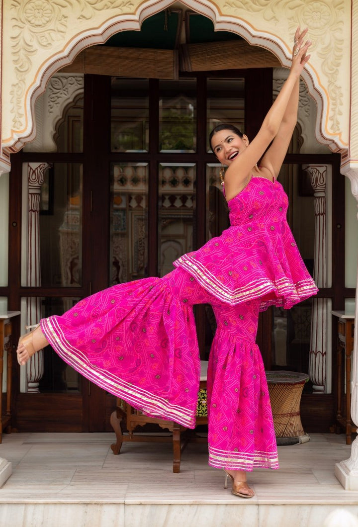 GULABI GALIYAN PINK BANDHEJ GEORGETTE SHARARA SET WITH GORGETTE DUPATTA - Pomcha Jaipur