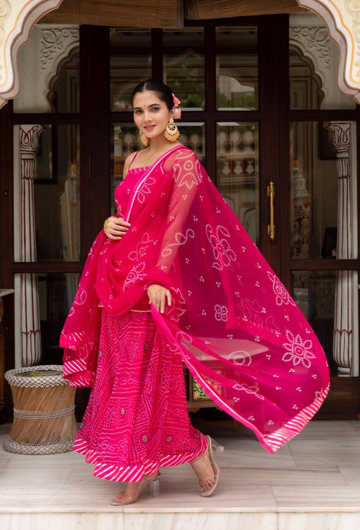 GULABI GALIYAN PINK BANDHEJ GEORGETTE SHORT KURTA PLAZO SET WITH GEORGETTE DUPATTA - Pomcha Jaipur