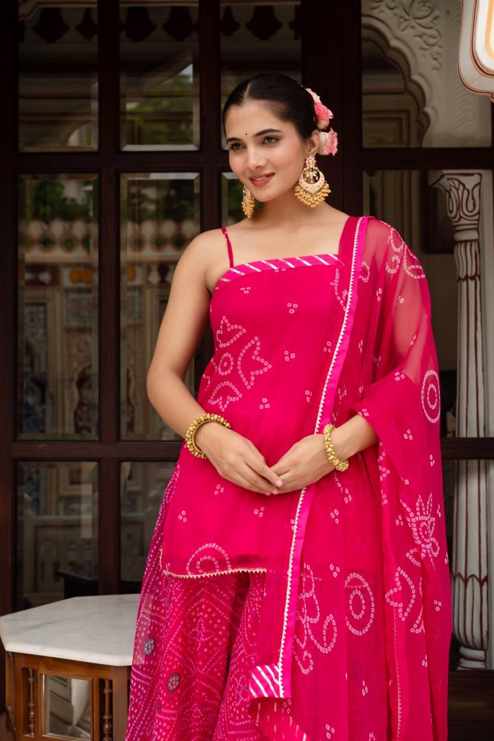 GULABI GALIYAN PINK BANDHEJ GEORGETTE SHORT KURTA PLAZO SET WITH GEORGETTE DUPATTA - Pomcha Jaipur