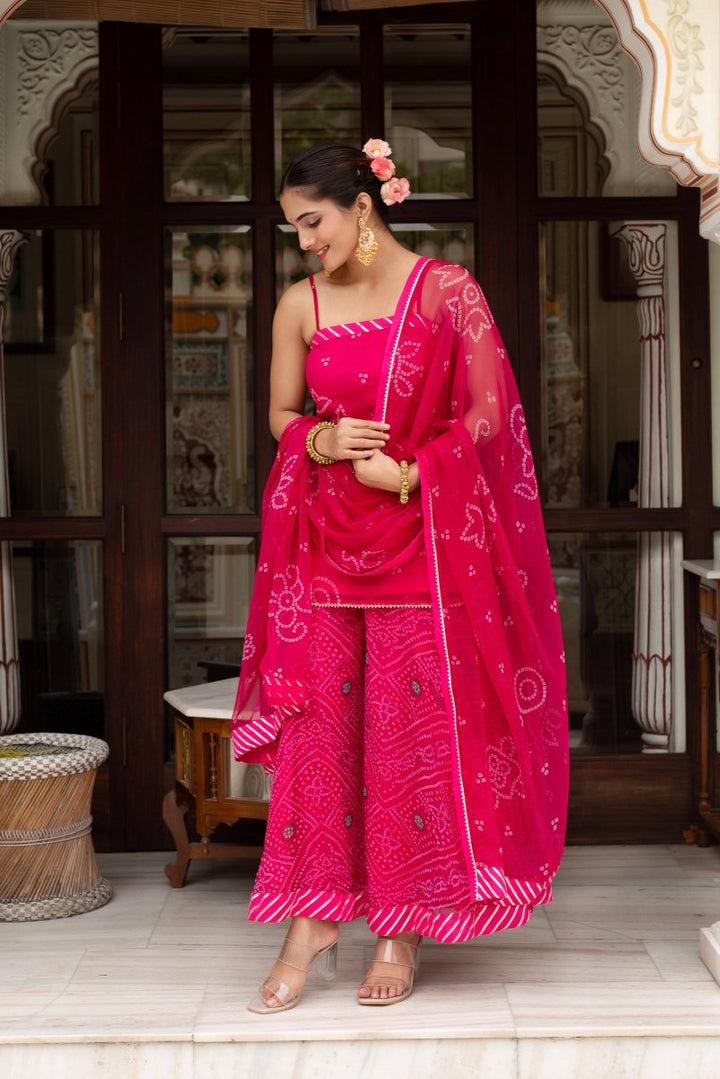 GULABI GALIYAN PINK BANDHEJ GEORGETTE SHORT KURTA PLAZO SET WITH GEORGETTE DUPATTA - Pomcha Jaipur