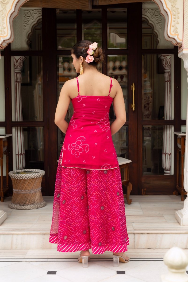 GULABI GALIYAN PINK BANDHEJ GEORGETTE SHORT KURTA PLAZO SET WITH GEORGETTE DUPATTA - Pomcha Jaipur