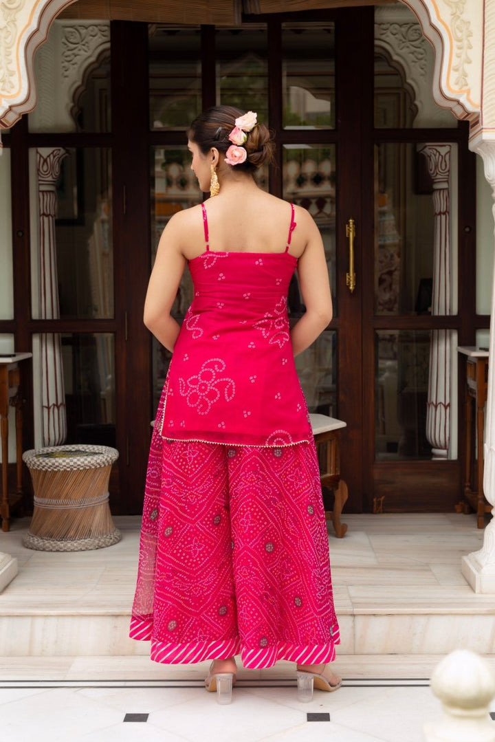 GULABI GALIYAN PINK BANDHEJ GEORGETTE SHORT KURTA PLAZO SET WITH GEORGETTE DUPATTA - Pomcha Jaipur
