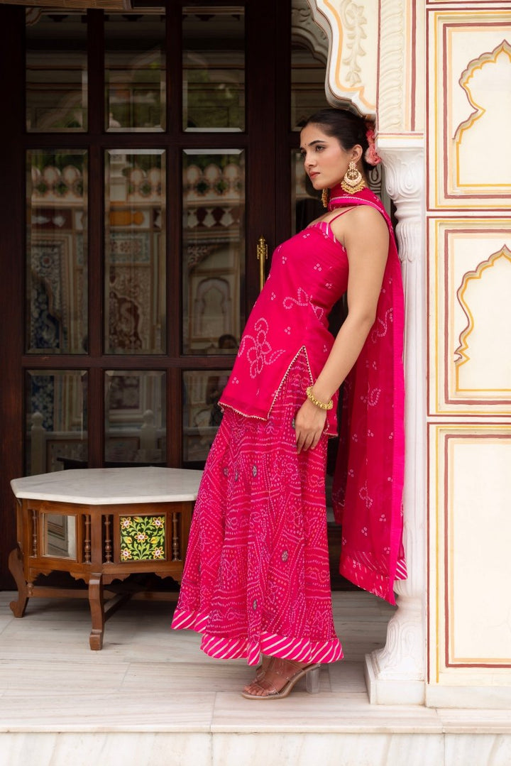 GULABI GALIYAN PINK BANDHEJ GEORGETTE SHORT KURTA PLAZO SET WITH GEORGETTE DUPATTA - Pomcha Jaipur