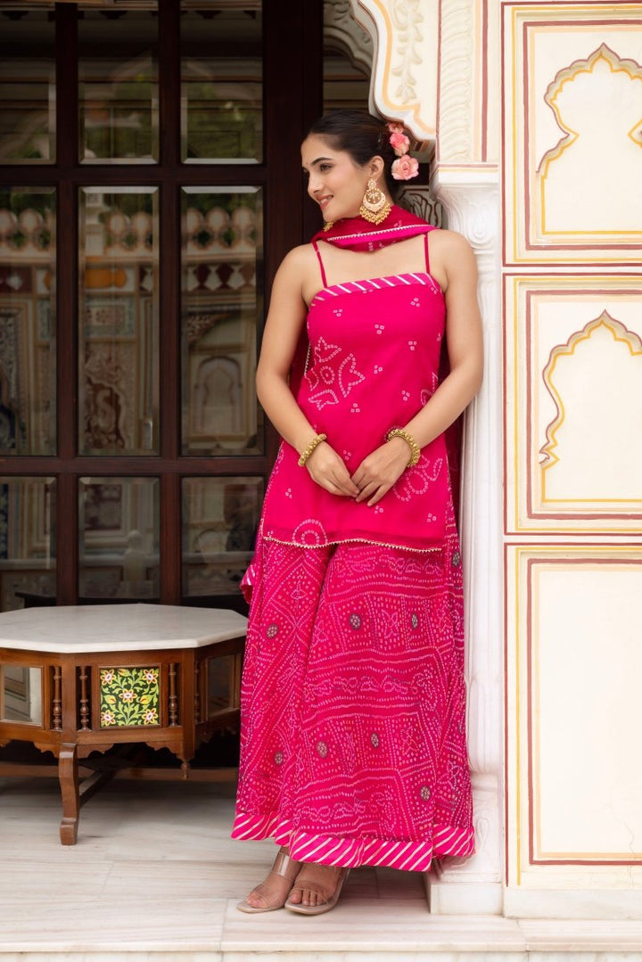 GULABI GALIYAN PINK BANDHEJ GEORGETTE SHORT KURTA PLAZO SET WITH GEORGETTE DUPATTA - Pomcha Jaipur