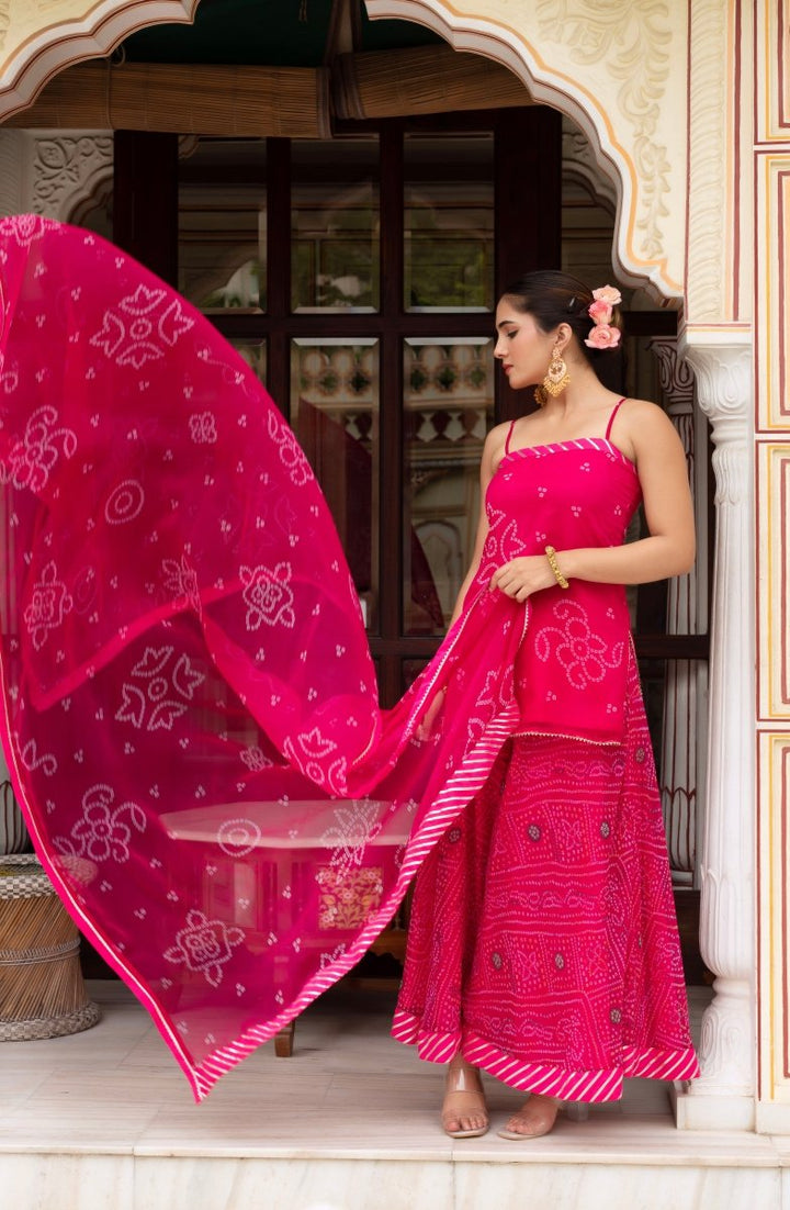 GULABI GALIYAN PINK BANDHEJ GEORGETTE SHORT KURTA PLAZO SET WITH GEORGETTE DUPATTA - Pomcha Jaipur
