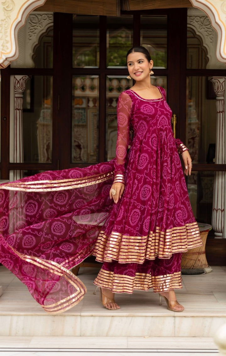 GULABI GALIYAN PLUM BANDHEJ GEORGETTE GOTA PATTI ANARKALI SET WITH GEORGETTE DUPATTA - Pomcha Jaipur