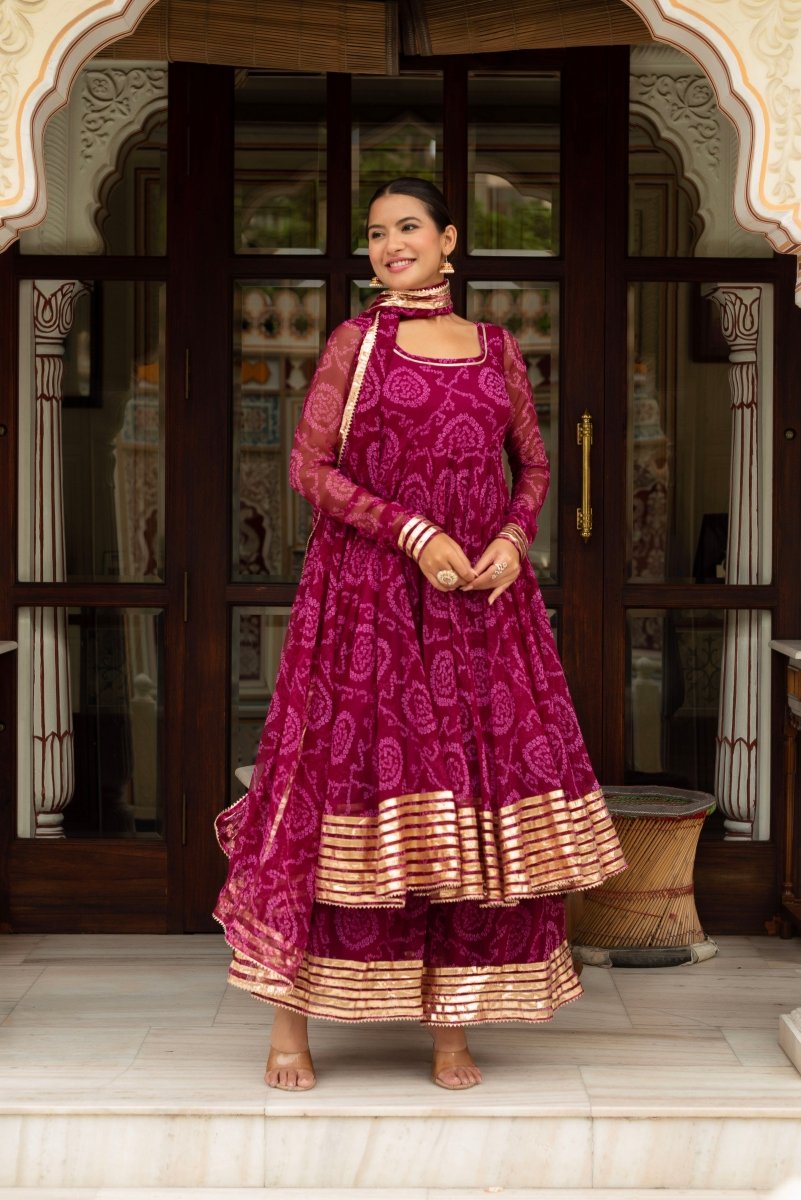 GULABI GALIYAN PLUM BANDHEJ GEORGETTE GOTA PATTI ANARKALI SET WITH GEORGETTE DUPATTA - Pomcha Jaipur