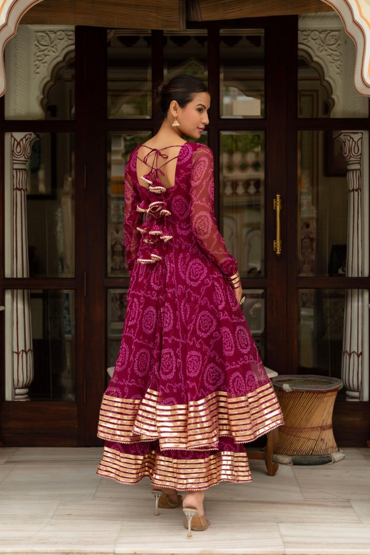GULABI GALIYAN PLUM BANDHEJ GEORGETTE GOTA PATTI ANARKALI SET WITH GEORGETTE DUPATTA - Pomcha Jaipur