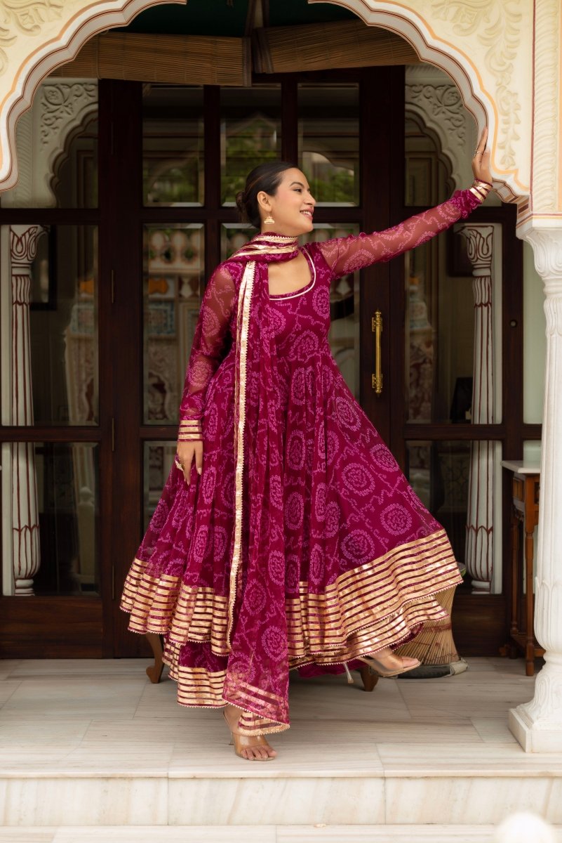 GULABI GALIYAN PLUM BANDHEJ GEORGETTE GOTA PATTI ANARKALI SET WITH GEORGETTE DUPATTA - Pomcha Jaipur