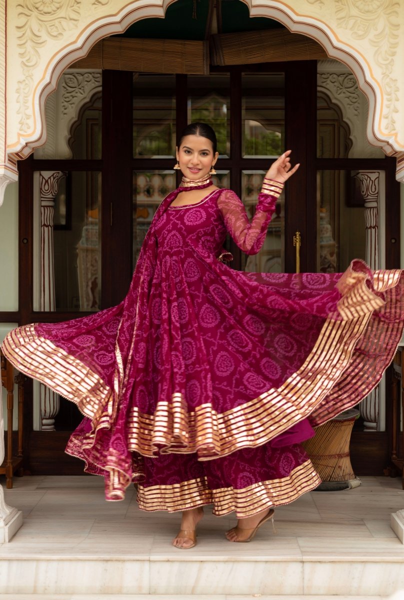 GULABI GALIYAN PLUM BANDHEJ GEORGETTE GOTA PATTI ANARKALI SET WITH GEORGETTE DUPATTA - Pomcha Jaipur