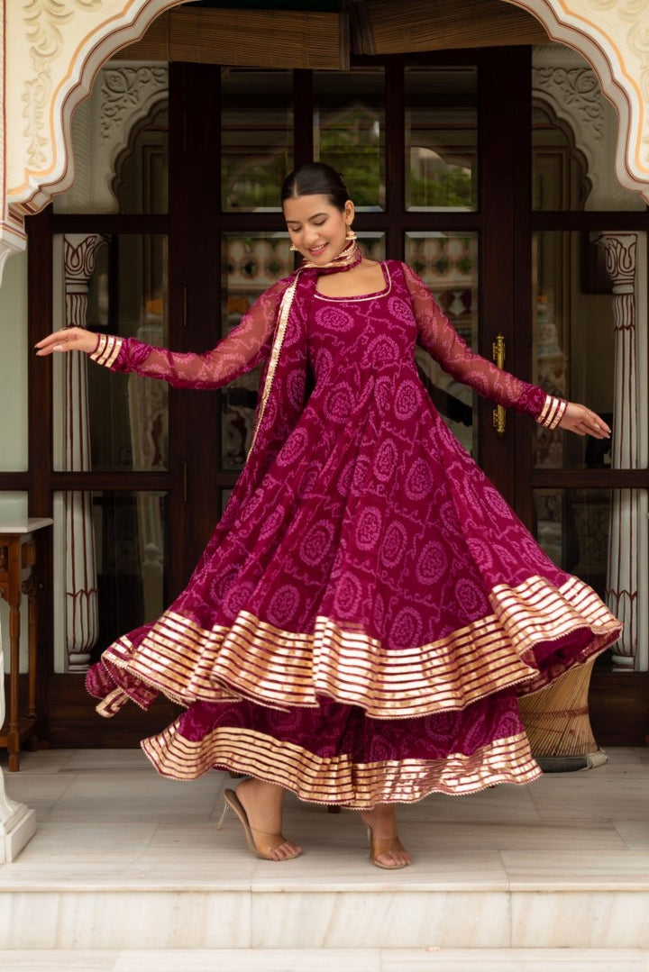 GULABI GALIYAN PLUM BANDHEJ GEORGETTE GOTA PATTI ANARKALI SET WITH GEORGETTE DUPATTA - Pomcha Jaipur
