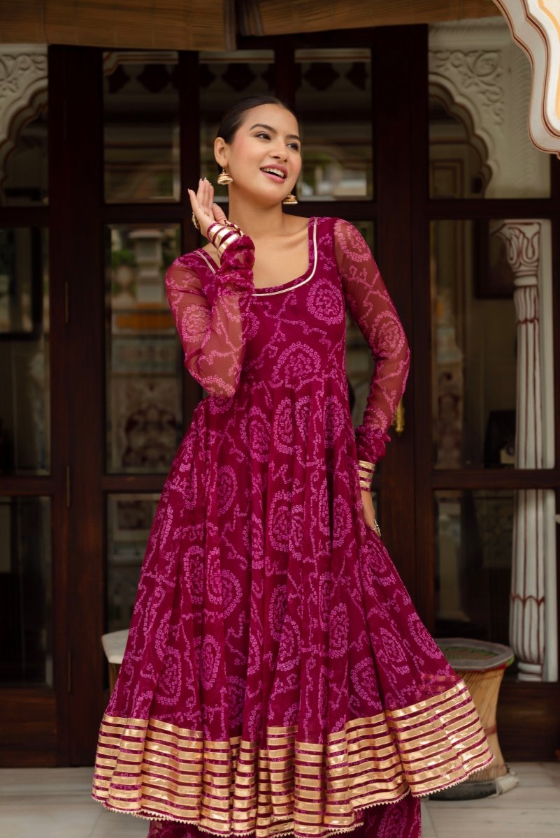 GULABI GALIYAN PLUM BANDHEJ GEORGETTE GOTA PATTI ANARKALI SET WITH GEORGETTE DUPATTA - Pomcha Jaipur