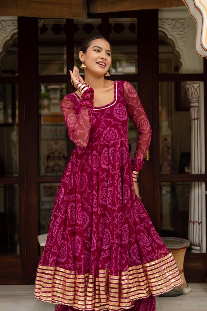 GULABI GALIYAN PLUM BANDHEJ GEORGETTE GOTA PATTI ANARKALI SET WITH GEORGETTE DUPATTA - Pomcha Jaipur