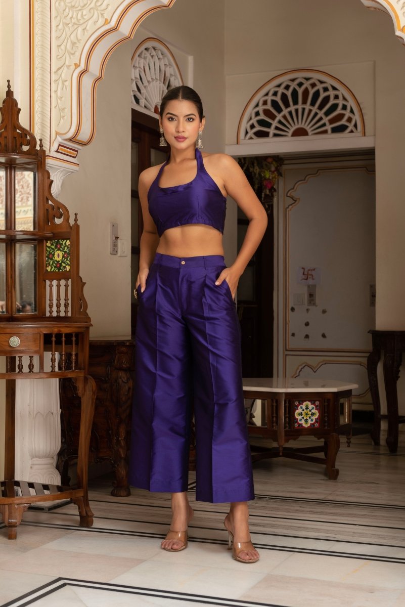 GULABI GALIYAN PURPLE BANDHEJ GEORGETTE KURTA WITH PURPLE TAFFETA PANT AND BLOUSE - Pomcha Jaipur