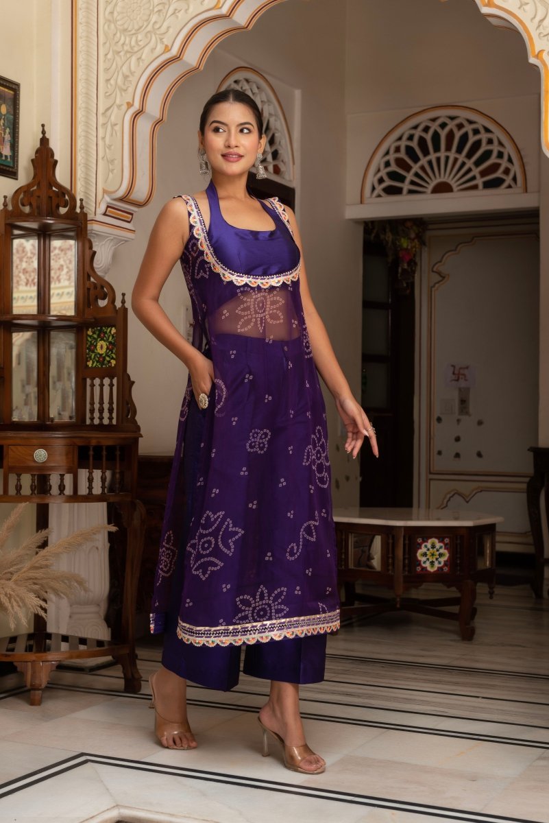 GULABI GALIYAN PURPLE BANDHEJ GEORGETTE KURTA WITH PURPLE TAFFETA PANT AND BLOUSE - Pomcha Jaipur
