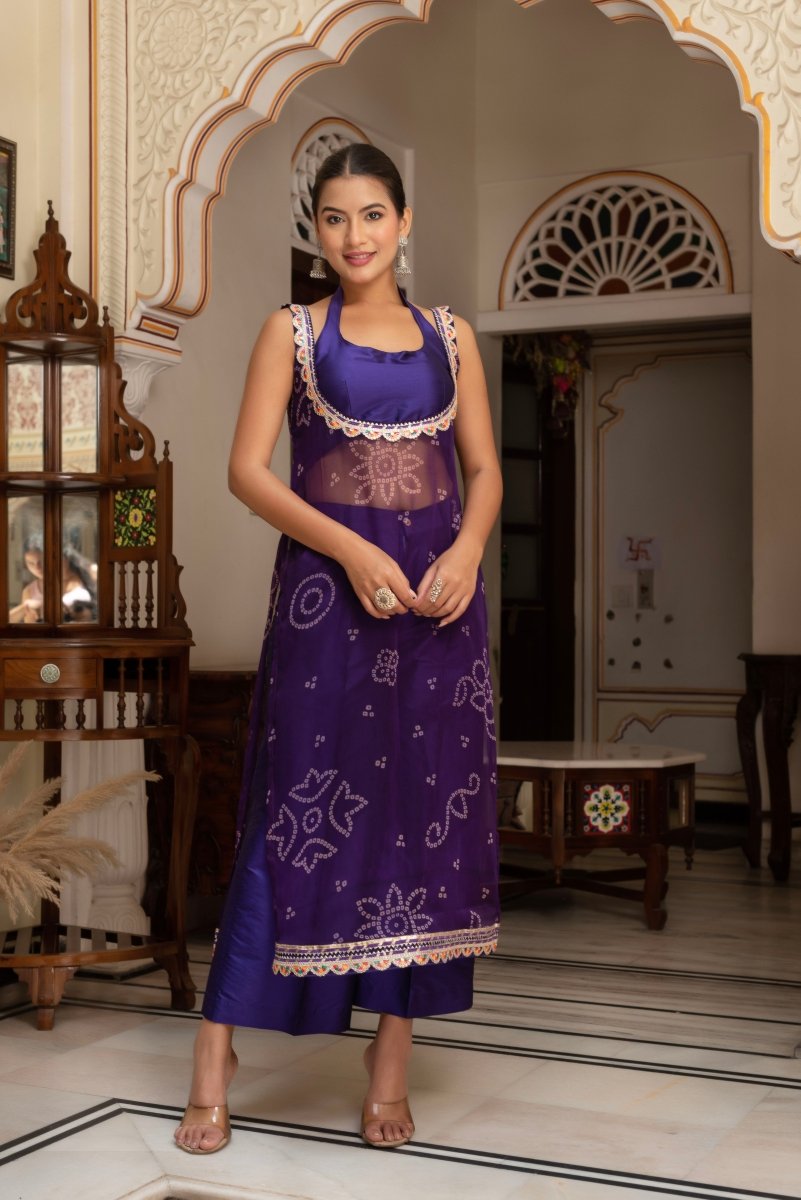 GULABI GALIYAN PURPLE BANDHEJ GEORGETTE KURTA WITH PURPLE TAFFETA PANT AND BLOUSE - Pomcha Jaipur
