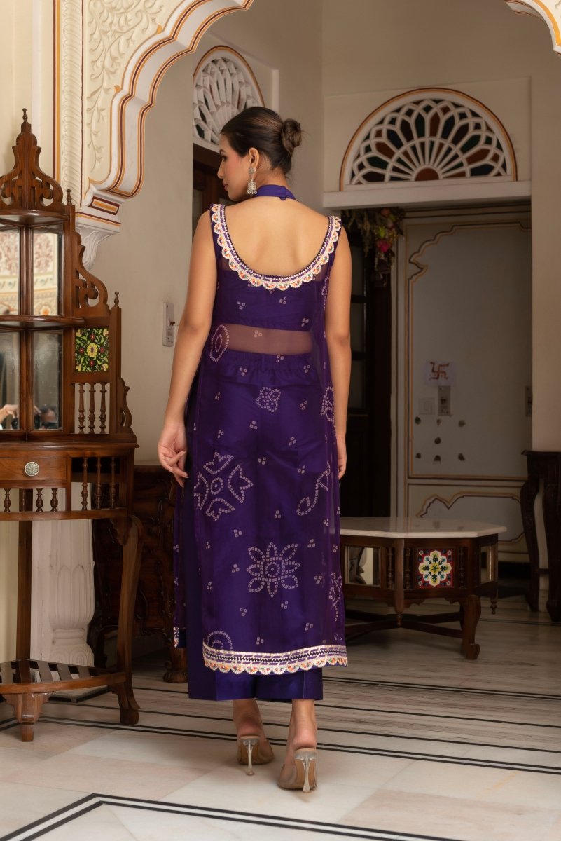 GULABI GALIYAN PURPLE BANDHEJ GEORGETTE KURTA WITH PURPLE TAFFETA PANT AND BLOUSE - Pomcha Jaipur
