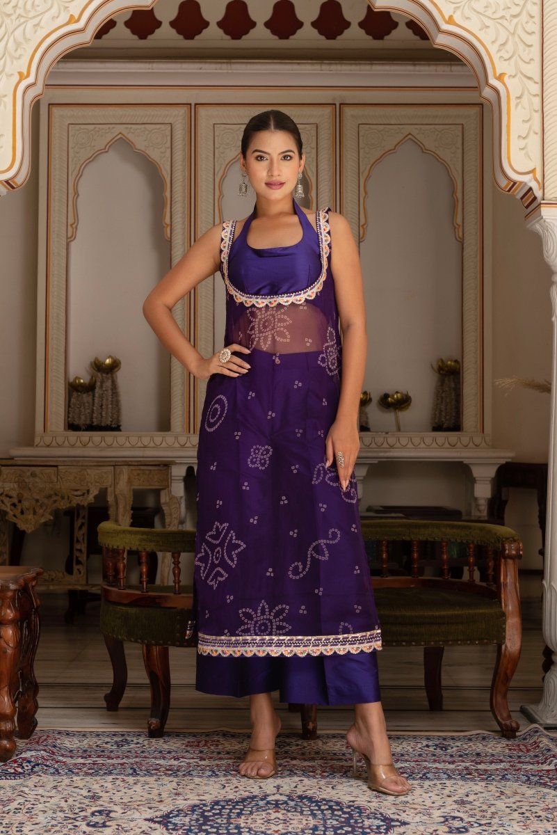 GULABI GALIYAN PURPLE BANDHEJ GEORGETTE KURTA WITH PURPLE TAFFETA PANT AND BLOUSE - Pomcha Jaipur