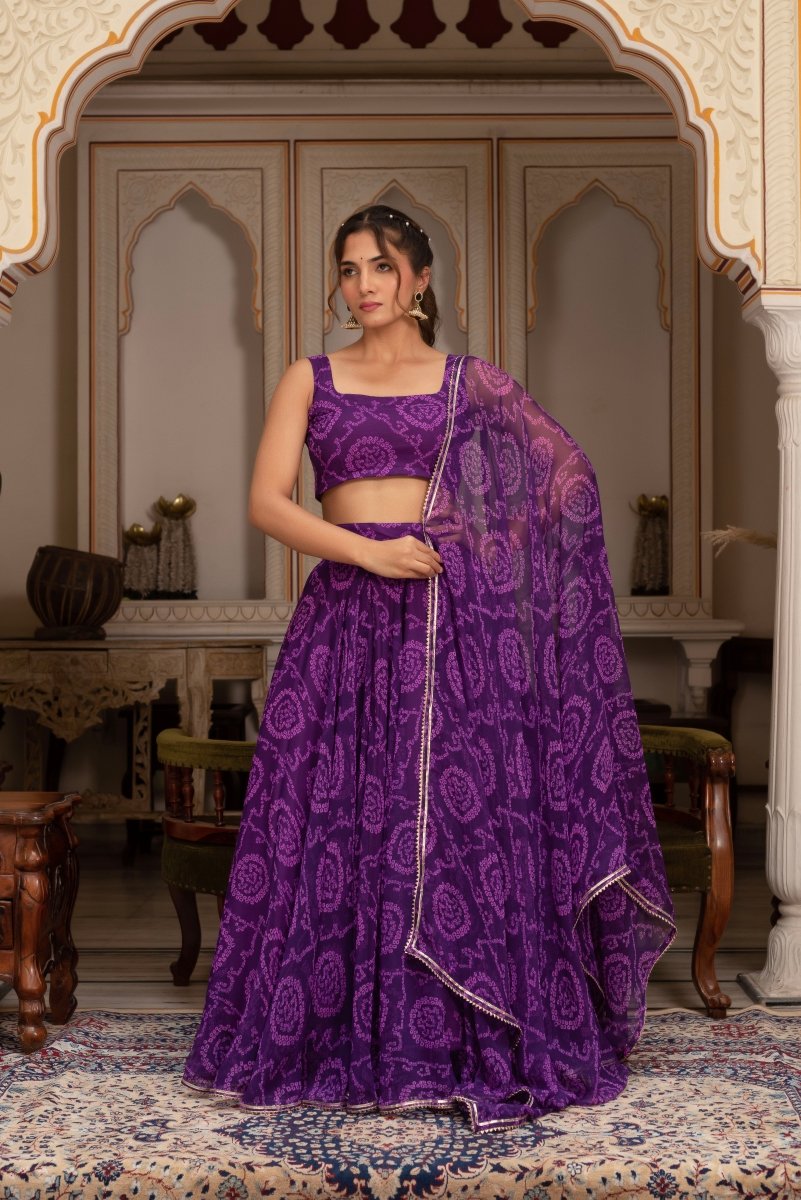 GULABI GALIYAN PURPLE BANDHEJ GEORGETTE LEHENGA SET WITH GEORGETTE DUPATTA - Pomcha Jaipur