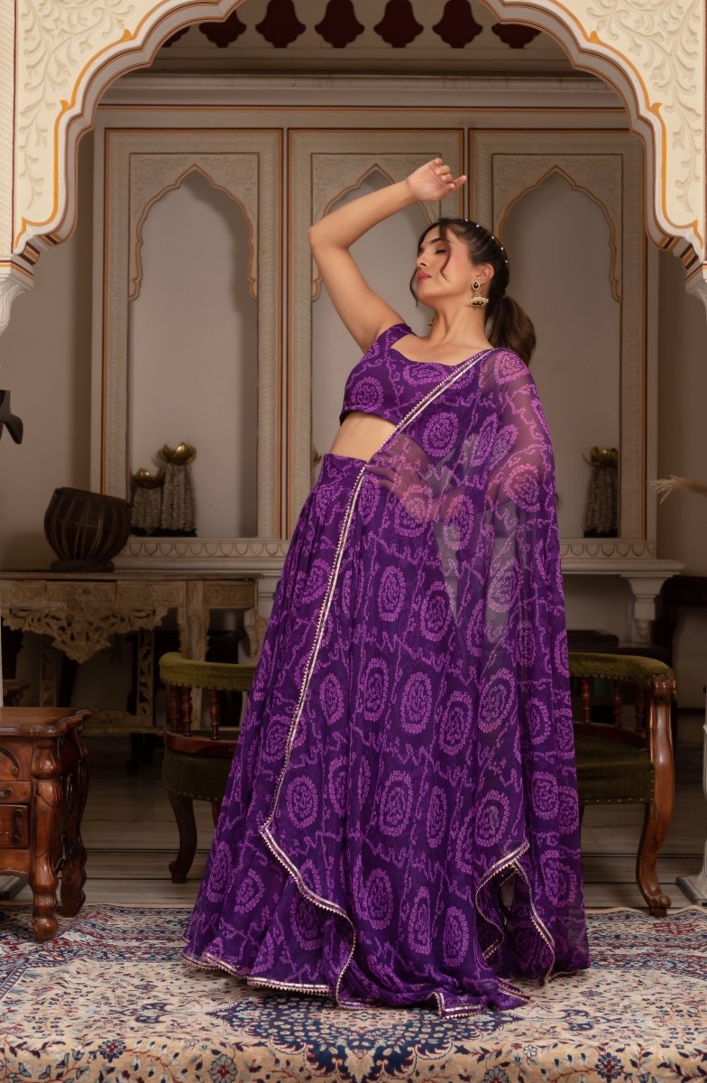 GULABI GALIYAN PURPLE BANDHEJ GEORGETTE LEHENGA SET WITH GEORGETTE DUPATTA - Pomcha Jaipur