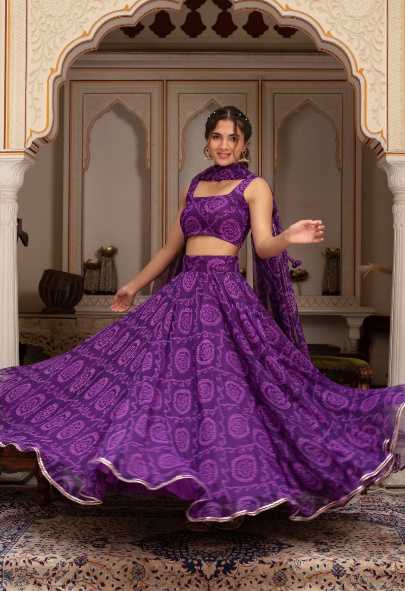 GULABI GALIYAN PURPLE BANDHEJ GEORGETTE LEHENGA SET WITH GEORGETTE DUPATTA - Pomcha Jaipur